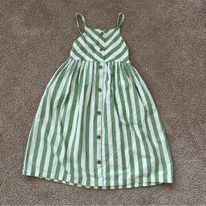 Hanna Andersson Cotton Linen Girls Green and White Striped Button-Front Sundress